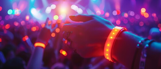 Hands wearing glowing wristbands at a vibrant nighttime concert with colorful lights and an energetic crowd.