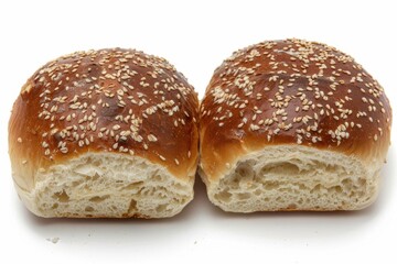 Fresh sesame buns on white background