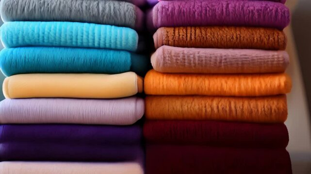 Close-up view of colorful fabric stacks in various colors.