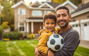 A father embracing young son, a boy holds a soccer ball in his hand on a lawn in front of their house.