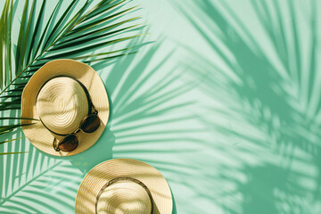 Photo of a straw hat and sunglasses on a light green background, with the shadows from palm leaves adding texture to the composition. 