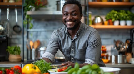 A man is smiling in front of a table full of vegetables. He is wearing a grey shirt and he is happy