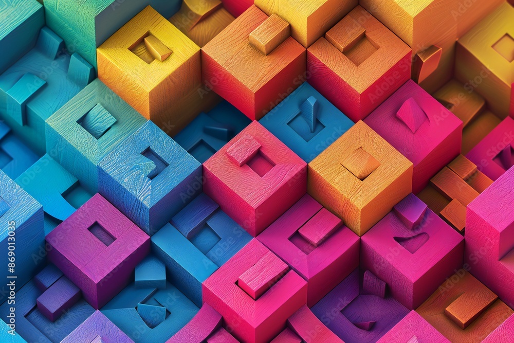 Fototapete 3D render of a geometric pattern with interlocking cubes in vibrant colors, generated by ai