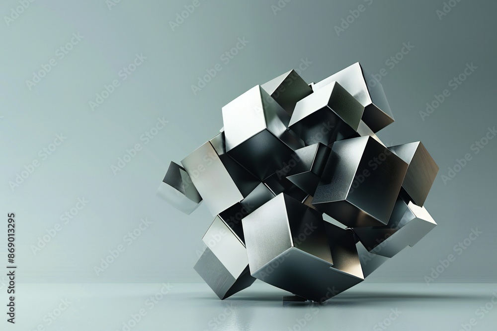 Poster 3d rendering of an abstract geometric shape with interlocking cubes in metallic shades , generated b