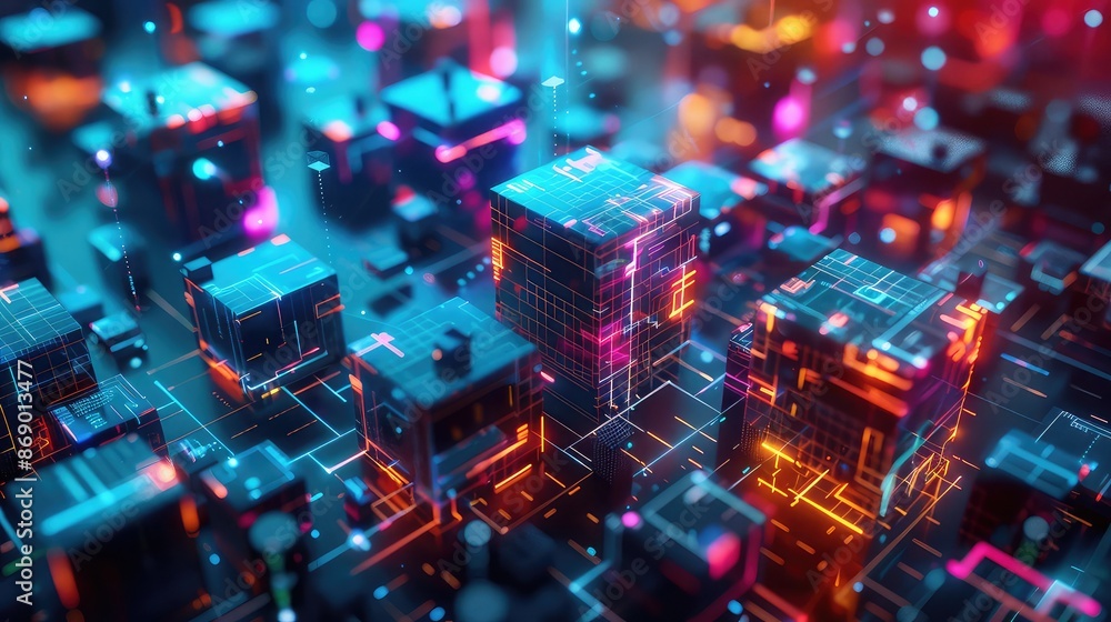 Aufkleber abstract representation of ai and machine learning, data flowing through cubes, innovative, neon col