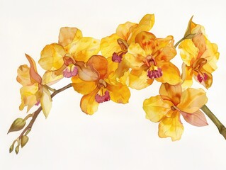 A charming watercolor image of an Oncidium orchid, highlighting its delicate blossoms and airy feel, with a white background