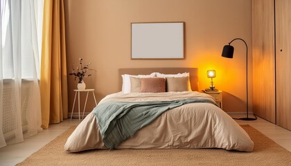 Cozy Hotel Bedroom Interior with Bed and Nightstand