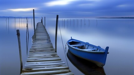 Obraz premium Serene lakeside twilight with rustic wooden pier and anchored boat