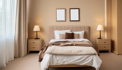 Cozy Hotel Bedroom Interior with Beige Decor and Comfortable Bed