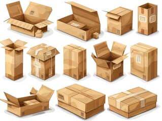 Fototapeta premium Multiple packaging boxes, including open and closed parcels, depicted from different sides, high detail, transparent PNG background