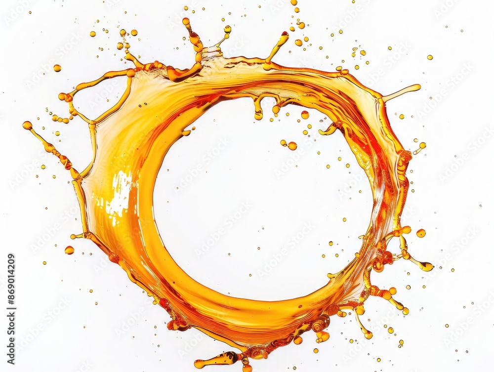 Poster a striking image of a circular splash of bright orange liquid, droplets creating a dynamic swirl, is