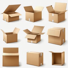 Fototapeta premium Collection of cartons in various positions, showing open and closed states, perfect for packaging design, isolated on transparent PNG background