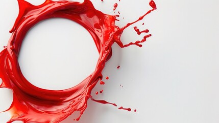 Obraz premium An isolated splash of bright red paint, forming a dynamic, swirling circle, each droplet suspended against a clean white backdrop