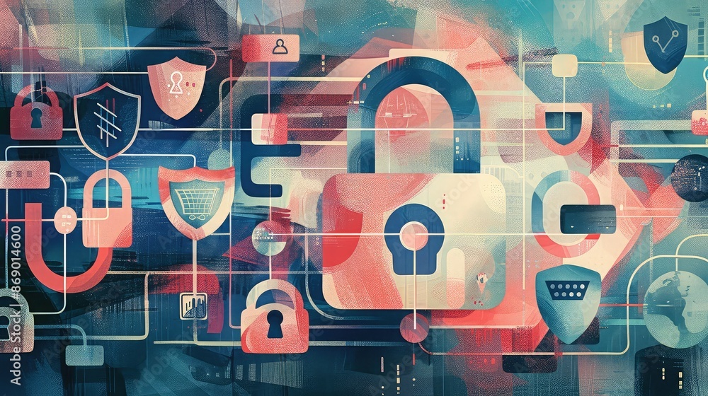 Poster online security: a digital padlock surrounded by cybersecurity symbols like shields and encrypted da