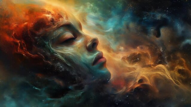 A Woman's Face Surrounded by Fiery Energy Floating in Outer Space