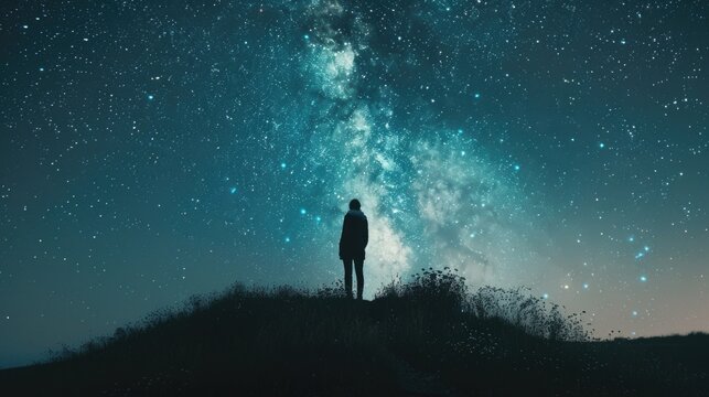 Person gazing at stars from hill