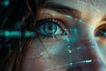 Young woman with iris scanning, close-up, futuristic technology