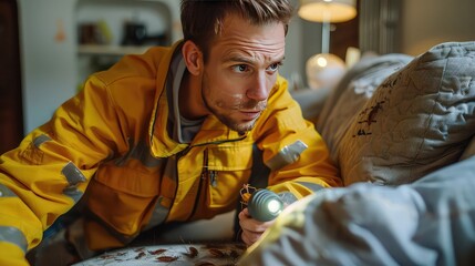 Professional pest control worker examining a sofa with a flashlight, uncovering cockroaches, thorough inspection in living room, maintaining insect-free home