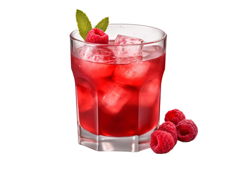 a glass of red drink with ice and raspberries