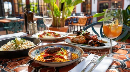 Fototapeta premium Vibrant Spanish Feast on Sun Drenched Terrace with Traditional Cuisine and Mediterranean Flair
