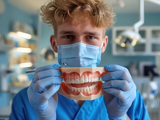 Young dentist with blue mask and medical uniform, holding jaws model, humorous expression, looking directly at camera, dental clinic background