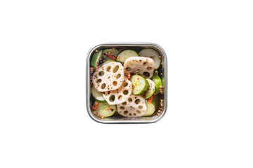 흰배경에 연근과 오이로 만든 요리. 탑뷰