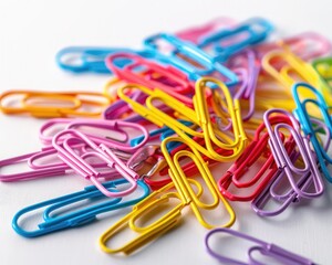 High-resolution image of an assortment of paper clips in vibrant colors, scattered on a white background