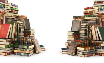 3d render of two big piles of colorful books on the sides, isolated on a white background.