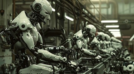 Robotic Assembly of Complex Industrial Machinery in a Moody Chiaroscuro Factory Setting