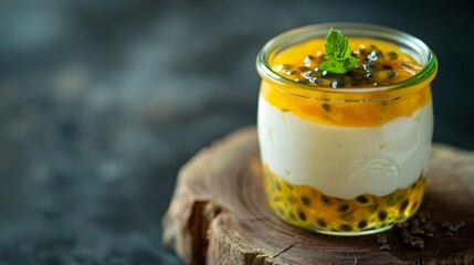 A jar of yogurt with a layer of passion fruit pulp on top, creating a contrast between the creamy white yogurt and the vibrant yellow fruit