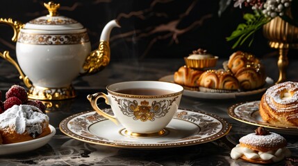 Fototapeta premium A luxurious spread with a pot of Darjeeling tea, a cup and saucer with a gold rim, and a plate of delicate pastries