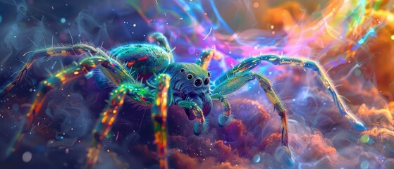 Captivating Iridescent Spider in Futuristic Bioluminescent Realm with Cosmic Nebula Backdrop