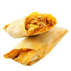 Traditional tamales with shredded meat filling wrapped in corn husk, showcasing a delicious Mexican dish with vibrant colors.