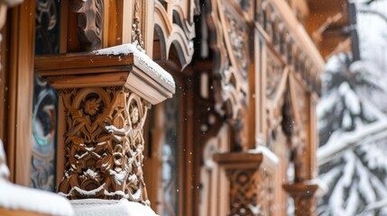 A close-up of the intricate wooden facade of a church, showcasing the detailed carvings and the soft snowfall