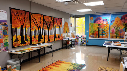 Autumn art showcase in a classroom, students presenting their fall-inspired artwork, Autumn Art Showcase, Creative Expression