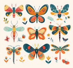 Colorful Collection of Illustrated Insects Featuring Butterflies, Moths, and Dragonflies in Bright and Cheerful Designs