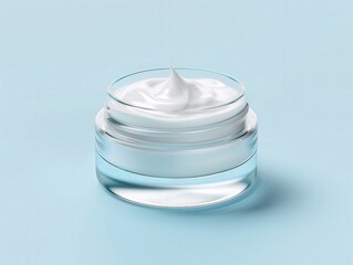 Close-up of an open jar of white face cream on a light blue background, showcasing skincare product for moisturizing and nourishment.