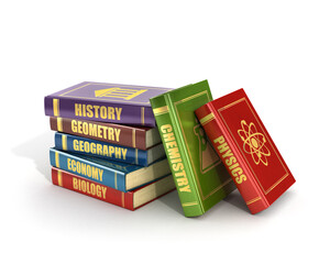 Naklejka premium 3d render of stack old colorful school books on a white background.