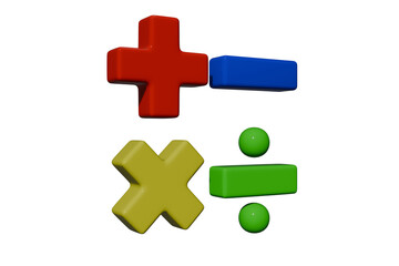 Math symbols 3D render, a red plus, blue minus, yellow multiply, green divide