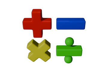 Obraz premium Math symbols 3D render, a red plus, blue minus, yellow multiply, green divide