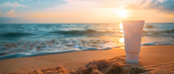 Isolated sunscreen ad with sunrise over the ocean, showcasing cosmetics on sandy beach with holiday and copy space