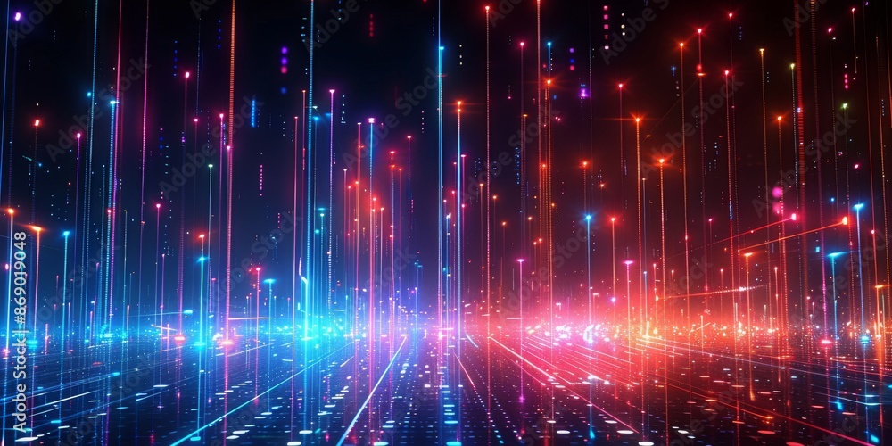 Poster vibrant neon hues in colorful vertical light patterns transforming a digital cityscape into a futuri
