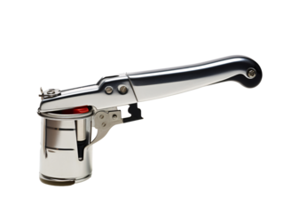 a silver can opener with a black handle