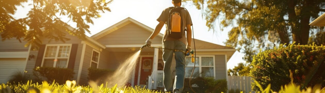 Man spraying insecticide around home's exterior, targeting bugs and termites, ensuring effective pest control and home protection, professional service