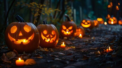 A spooky Halloween night with a row of carved pumpkins along a path, each one with a unique face, illuminated by flickering candlelight