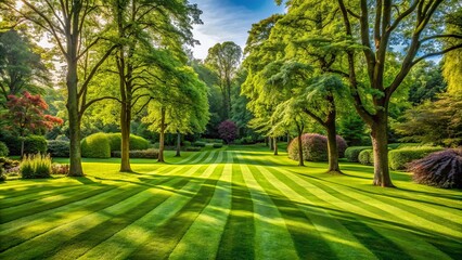 Serene green garden landscape with striped lawn, majestic trees, and lush grass, evoking feelings of calmness and tranquility naturally.