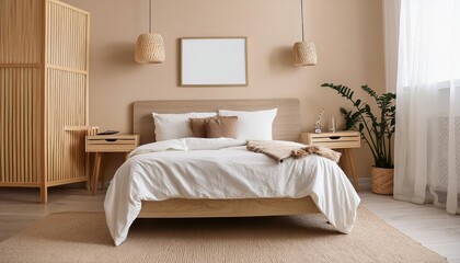 Modern Hotel Bedroom Interior With Bed and Nightstand