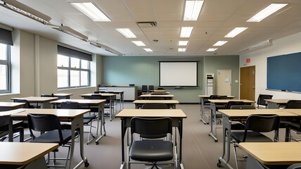 Classroom with Rows of Desks and Chairs, Featuring a Projector Screen at the Front: Ideal for Depicting Educational or Training Settings