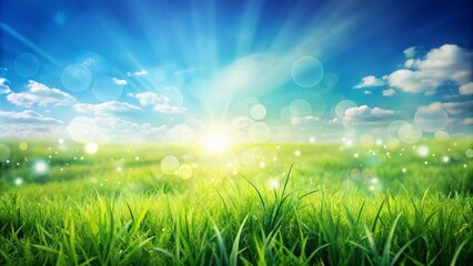 Fototapeta premium Vibrant green meadow stretching towards endless blue sky with gentle bokeh, soft focus, and ample space for overlaying text.