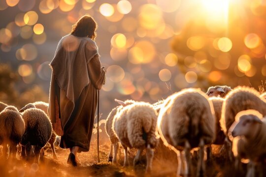 Shepherd with flock in golden sunset
